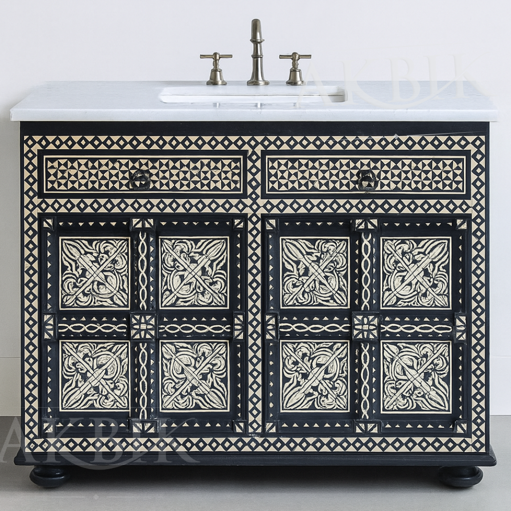 Decorative bathroom vanity with intricate patterns on a white background