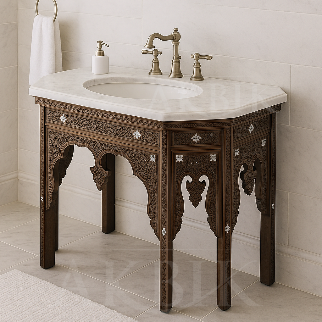Decorative wooden vanity with marble countertop and faucet in a bathroom setting