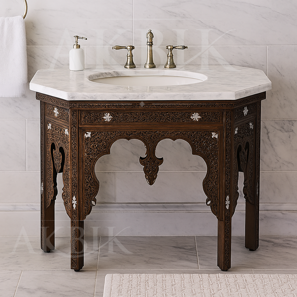 Decorative wooden vanity with marble countertop and sink in a bathroom setting.