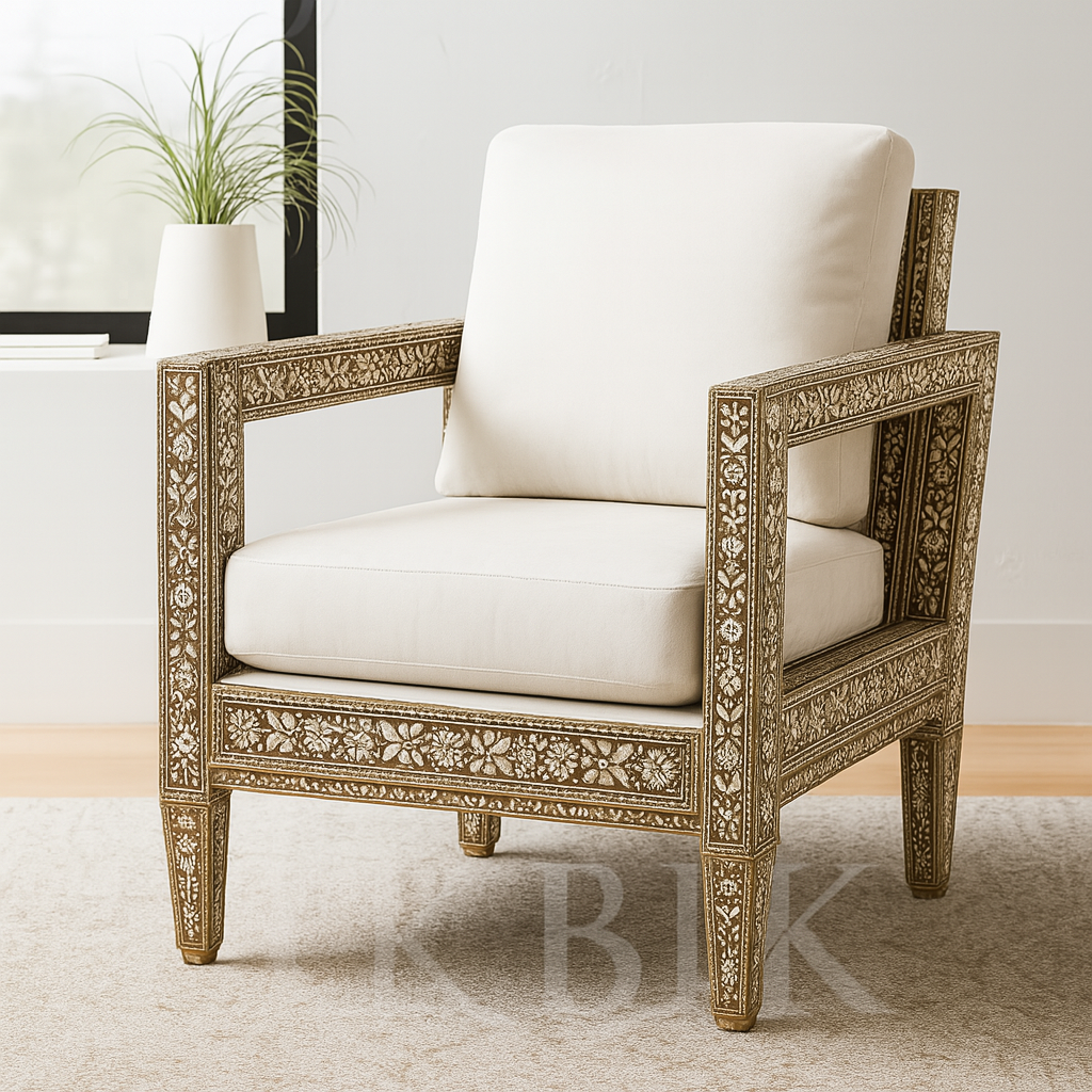 Decorative armchair with intricate patterns and white cushions in a room setting inlaid with mother of pearl by Akbik Funriture & Design