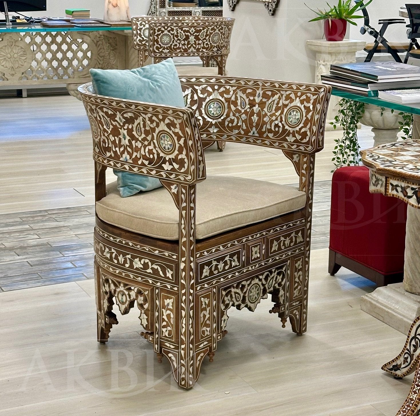 Luxury Chair in barrel style inlaid with mother of pearl and abalone on walnut