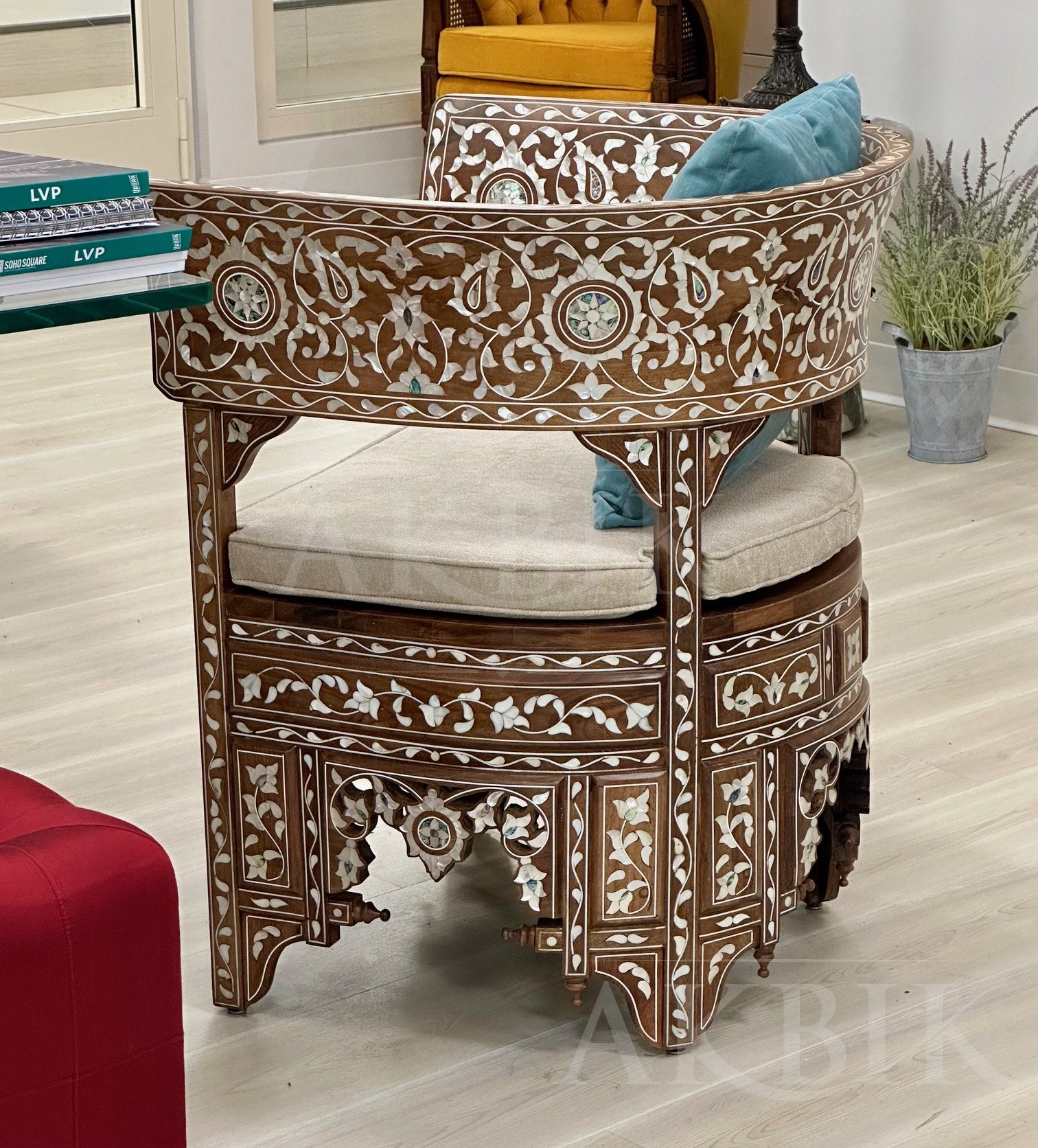 Luxury Chair in barrel style inlaid with mother of pearl and abalone on walnut