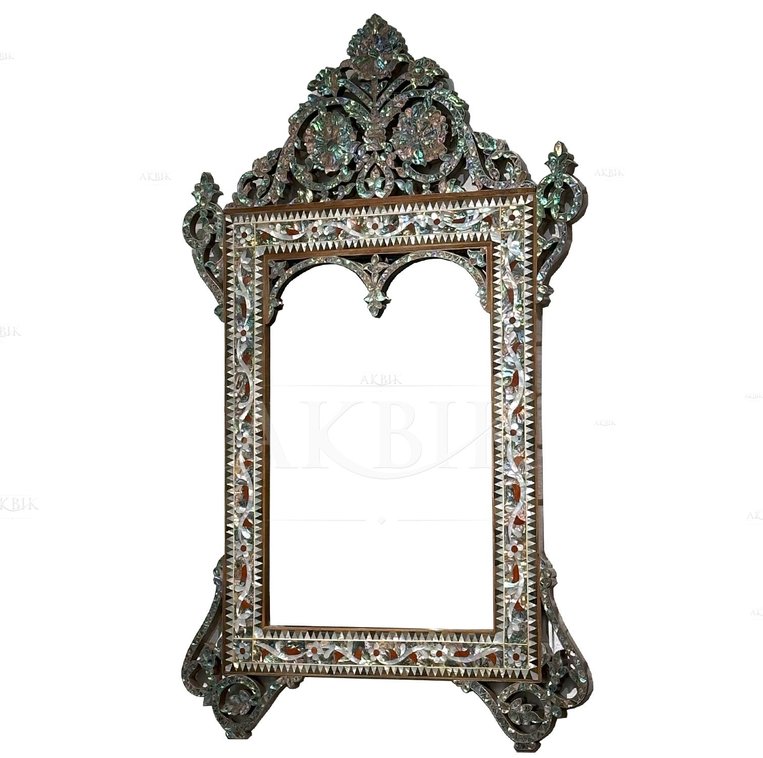 An ornate mirror with hand-inlaid Abalone and mother of pearl in a walnut frame, with intricate designs and a decorative top.