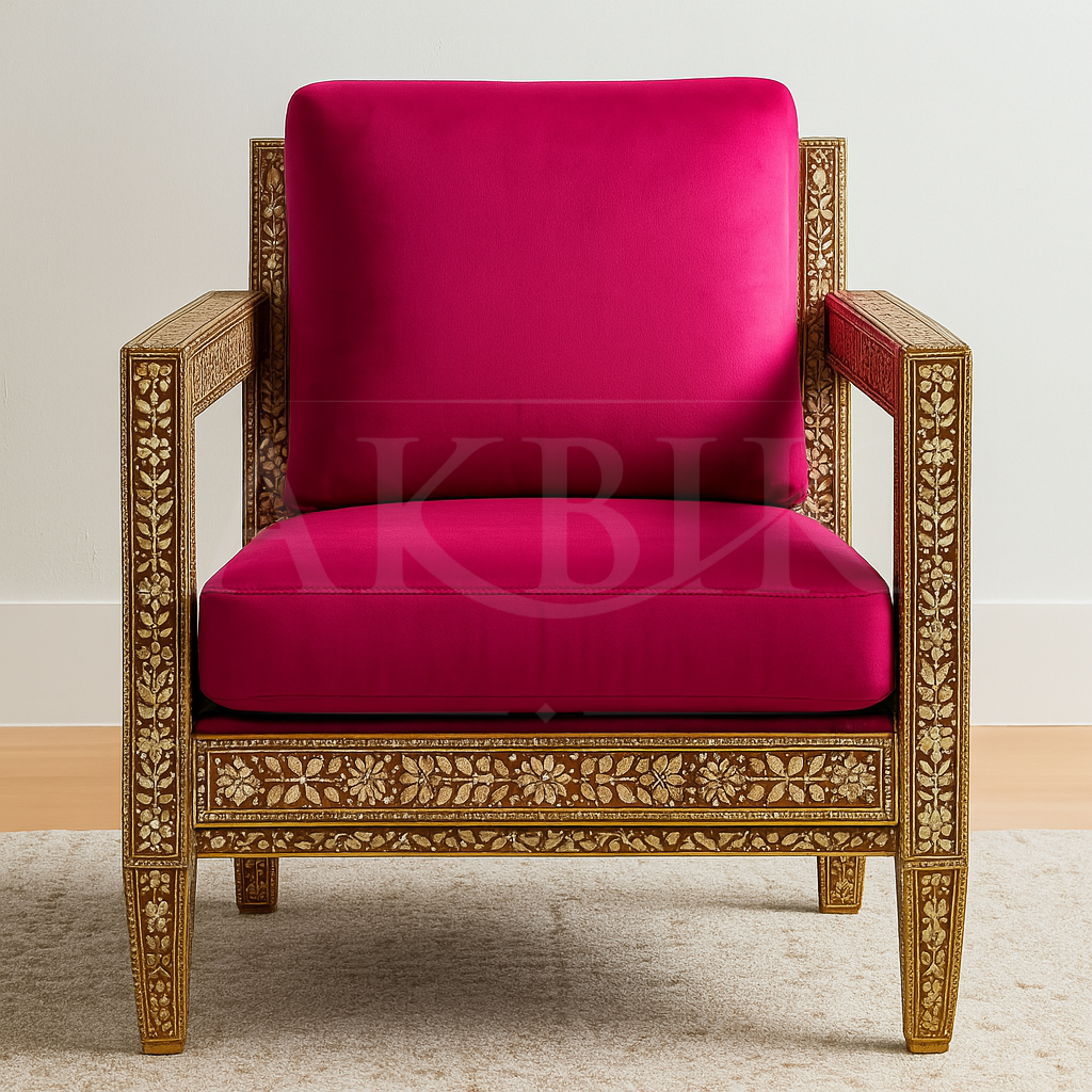 Chair with pink cushion and gold intricate armrests on a neutral mother of pearl background by Akbik funriture & Design