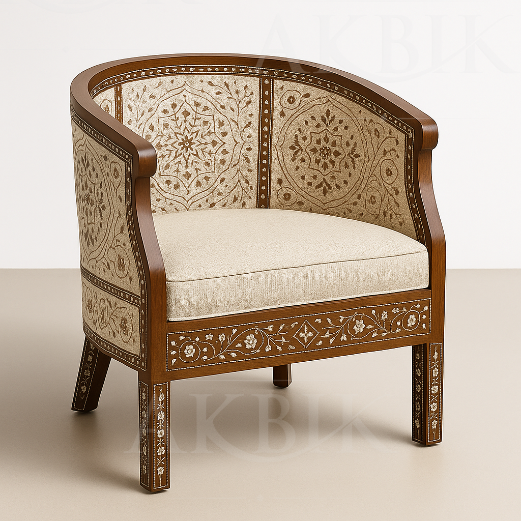 Aurelio – Sculpted Mother-of-Pearl Barrel Chair in Solid Walnut