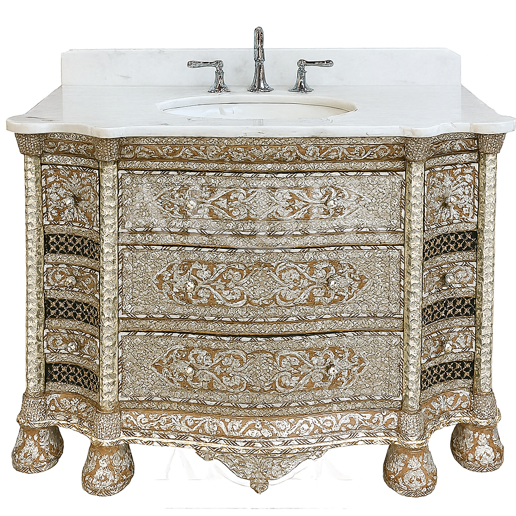 Decorative bathroom vanity with intricate patterns and a white countertop.