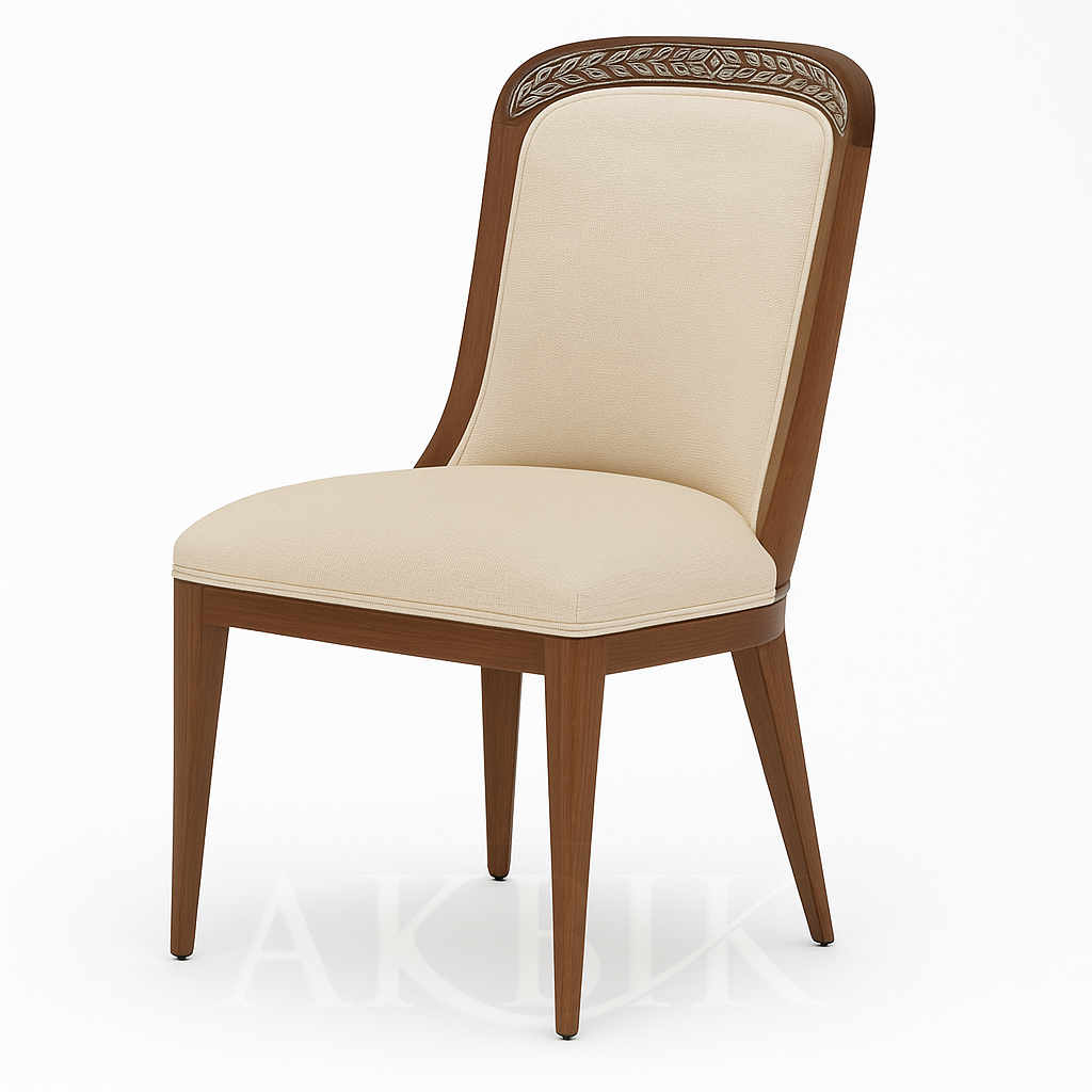 Wooden chair with beige cushion on a white background