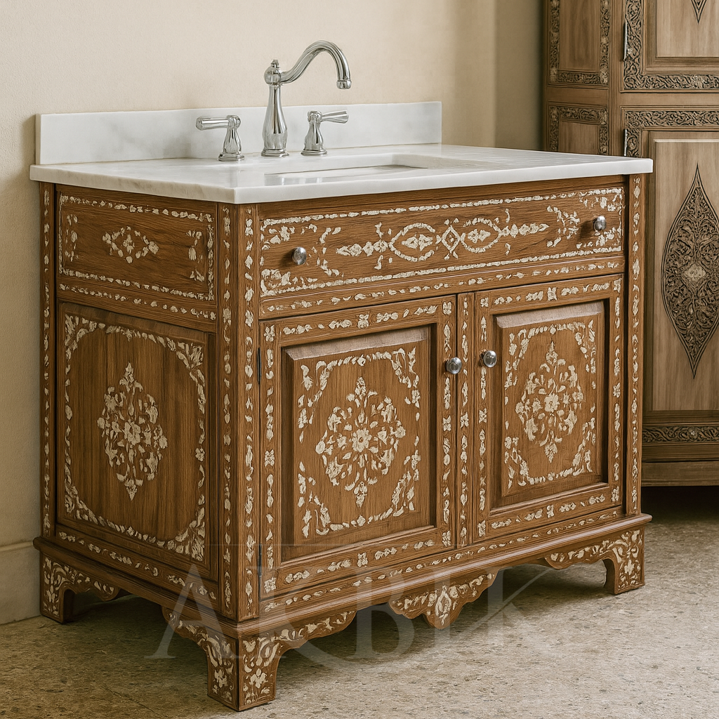 Luxury Bathroom Vanity – Handcrafted Walnut with Mother-of-Pearl Marquetry \u0026 Geometric Arabesque Inlay 24\, image size:1024x1024