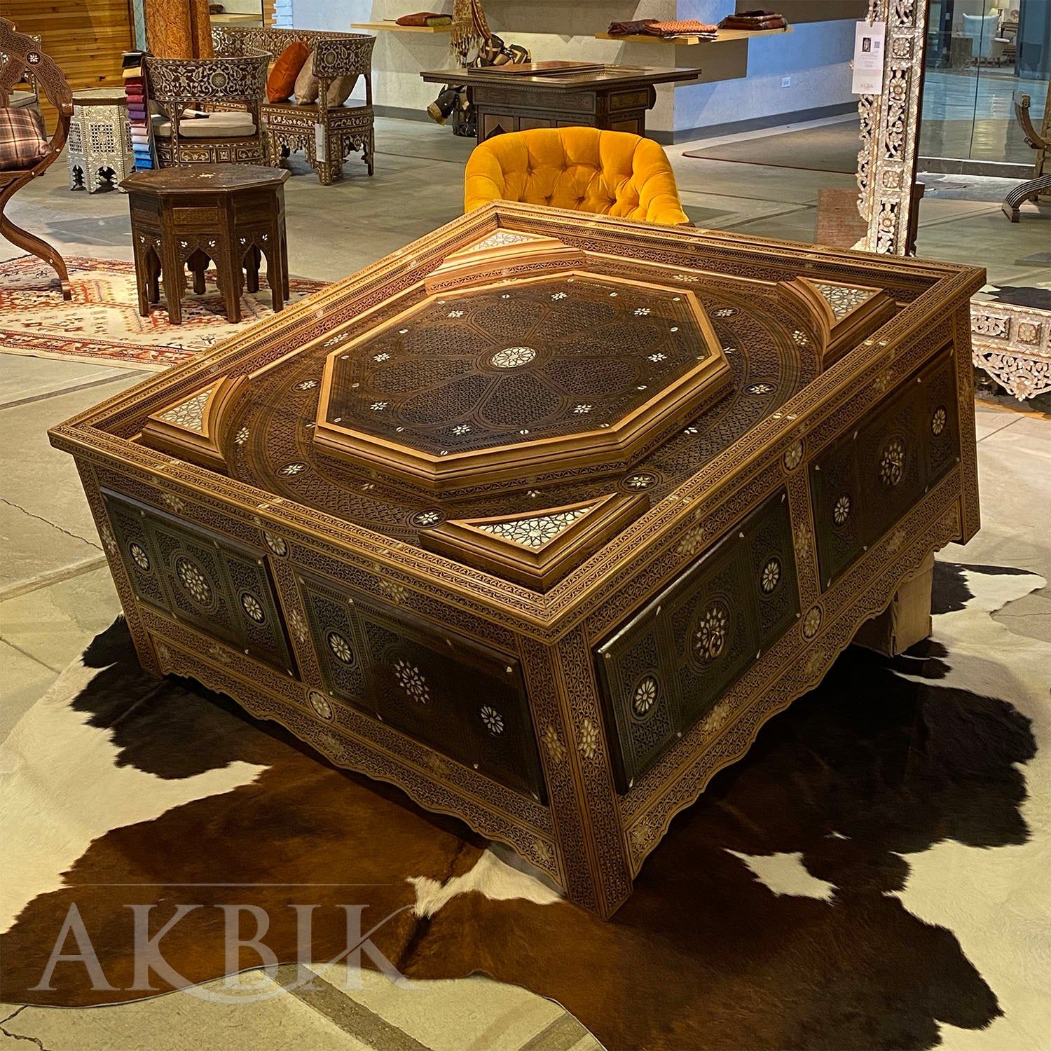 Coffee Table – Handcrafted Floral Art inlaid with mother of pearl on Solid Finish by Akbik Funriture & Design