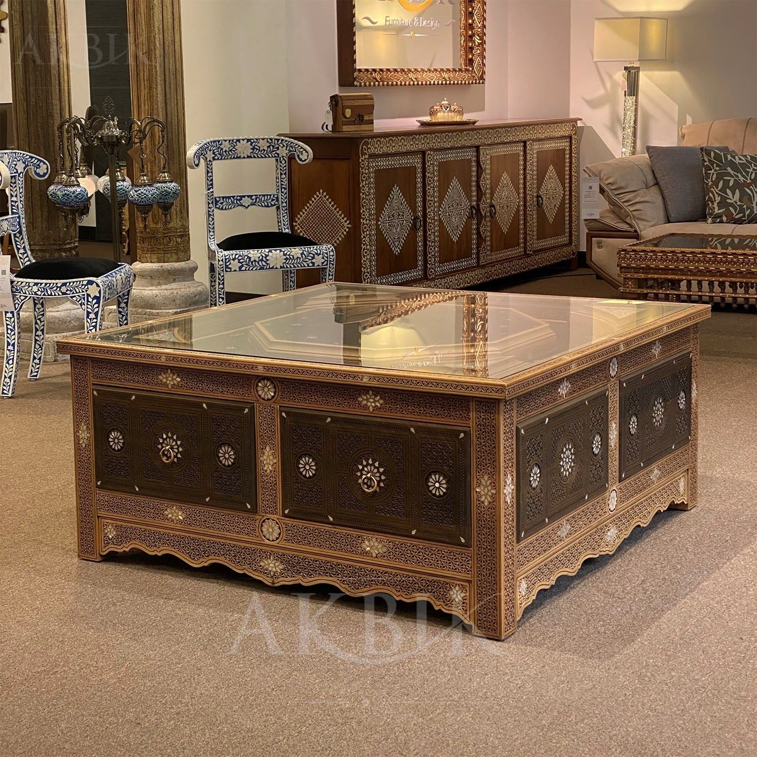 Coffee Table – Handcrafted Floral Art inlaid with mother of pearl on Solid Finish by Akbik Funriture & Design