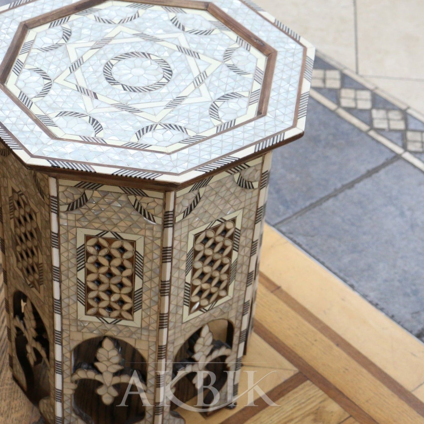 Mother of pearl side table octagon shape Levantine design by Akbik Furniture & Design