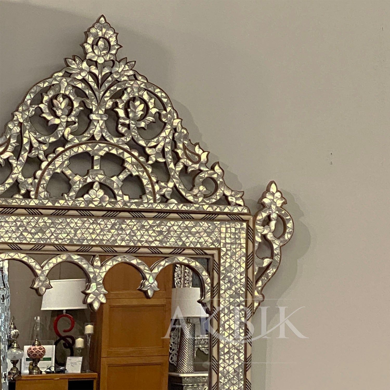 Mirror handcrafted with intricate designs using mother of pearl and camel bone inlays on solid walnut by Akbik Furniture & Design