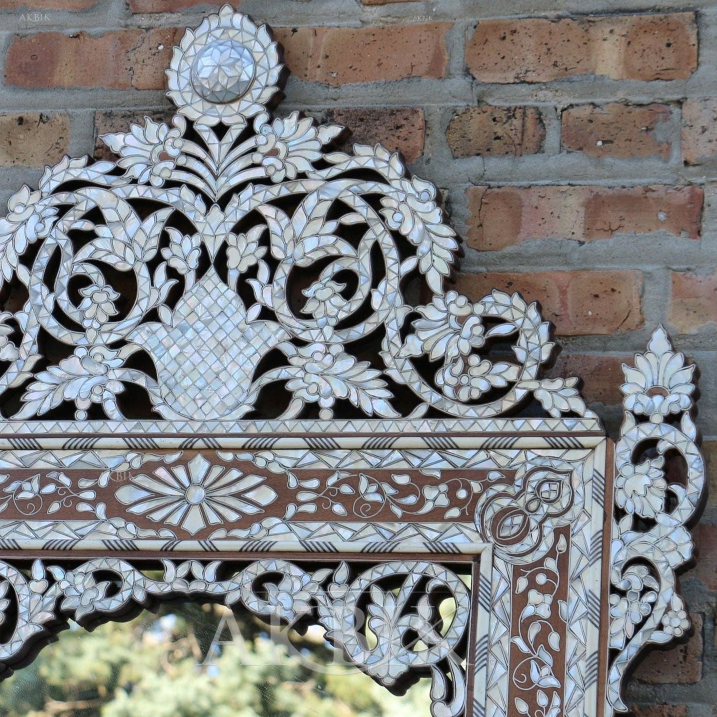 Nymphs’ Dream: Sculptural Mirror with Mother-of-Pearl Inlay in Ornate Floral Motifs - AKBIK Furniture & Design