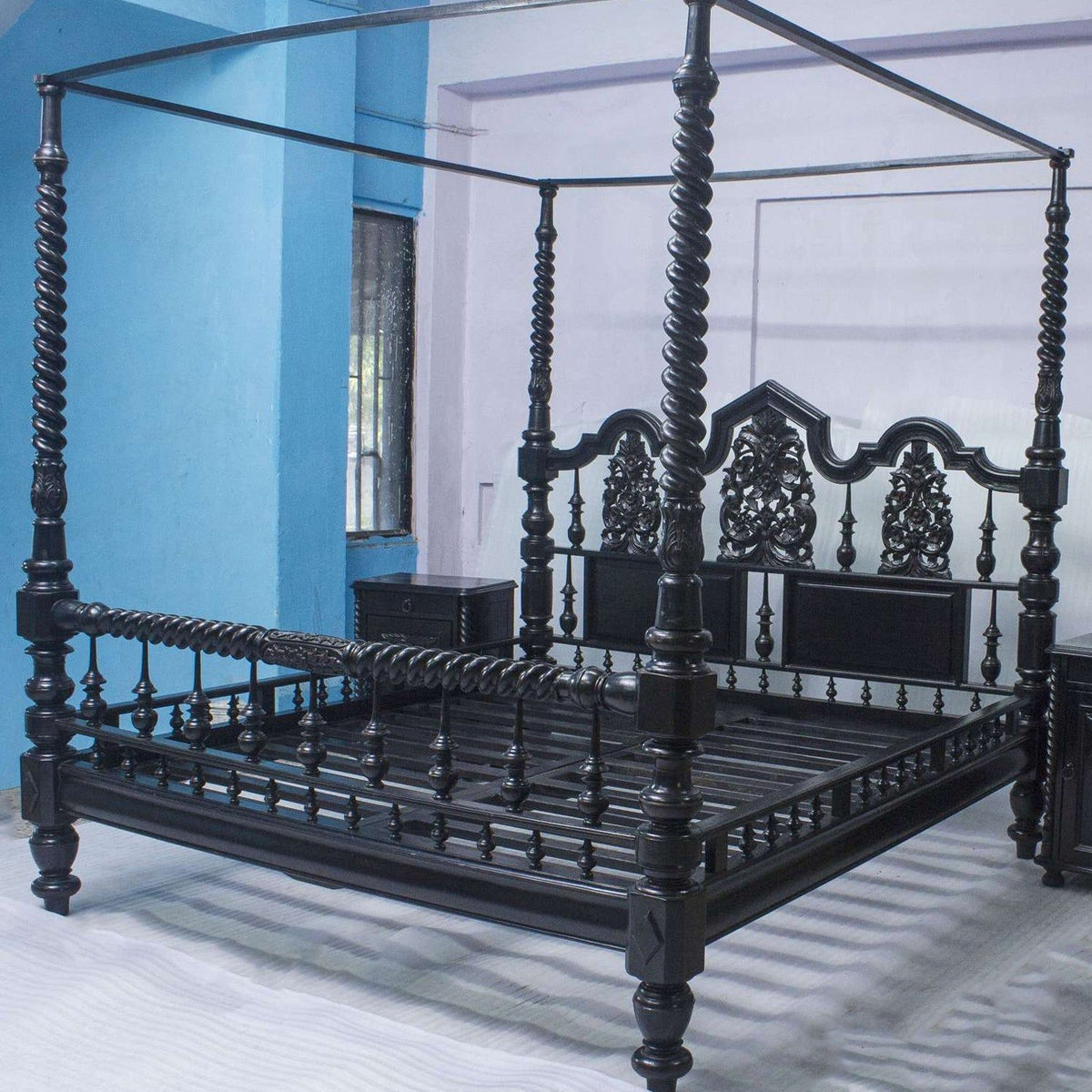 Anglo Indian King Size Bed Solid Teal Hand Carved – Akbik Furniture \u0026 Design, image size:1200x1200