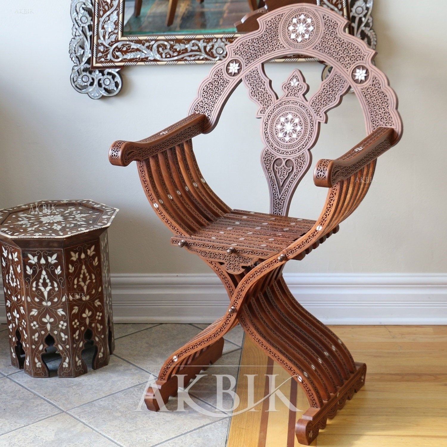 SAVONAROLA LEVANTINE CHAIR INLAID WITH MOTHER OF PEARL - AKBIK Furniture & Design