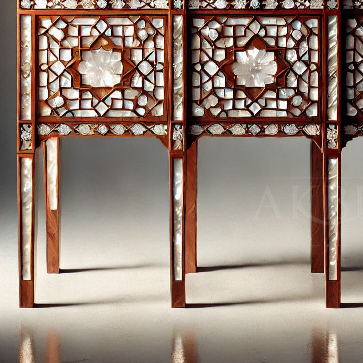 Elegant Syrian-inspired console table made of walnut wood with floral mother-of-pearl inlay, featuring three drawers and carved legs.