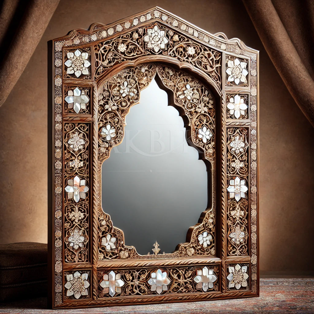 Exquisite Syrian Hand-Carved Mirror with Mother-of-Pearl Inlay - Concept Design