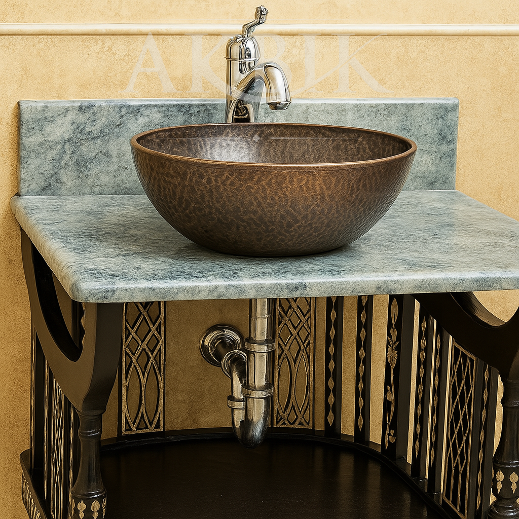Bronze sink on a marble countertop with decorative wall and floor patterns.