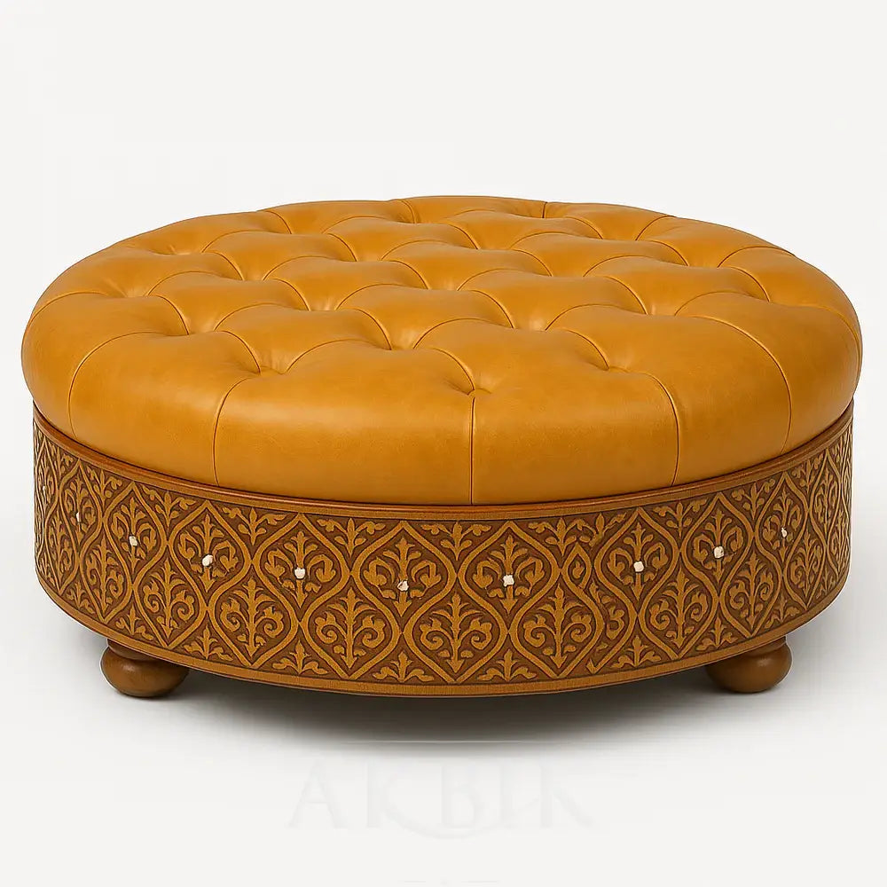 Evara – Handcrafted Round Syrian-Moroccan Ottoman with Carved and Inlaid Base