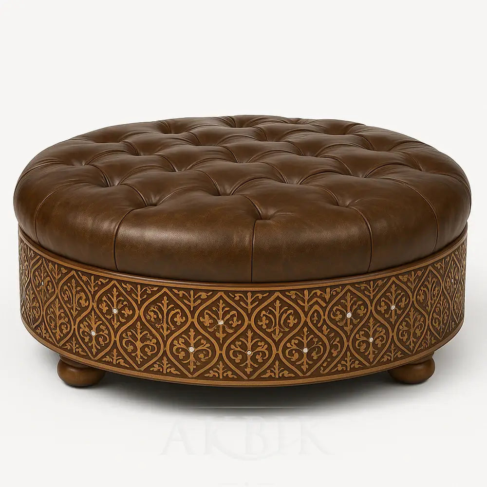 Evara – Handcrafted Round Syrian-Moroccan Ottoman with Carved and Inlaid Base