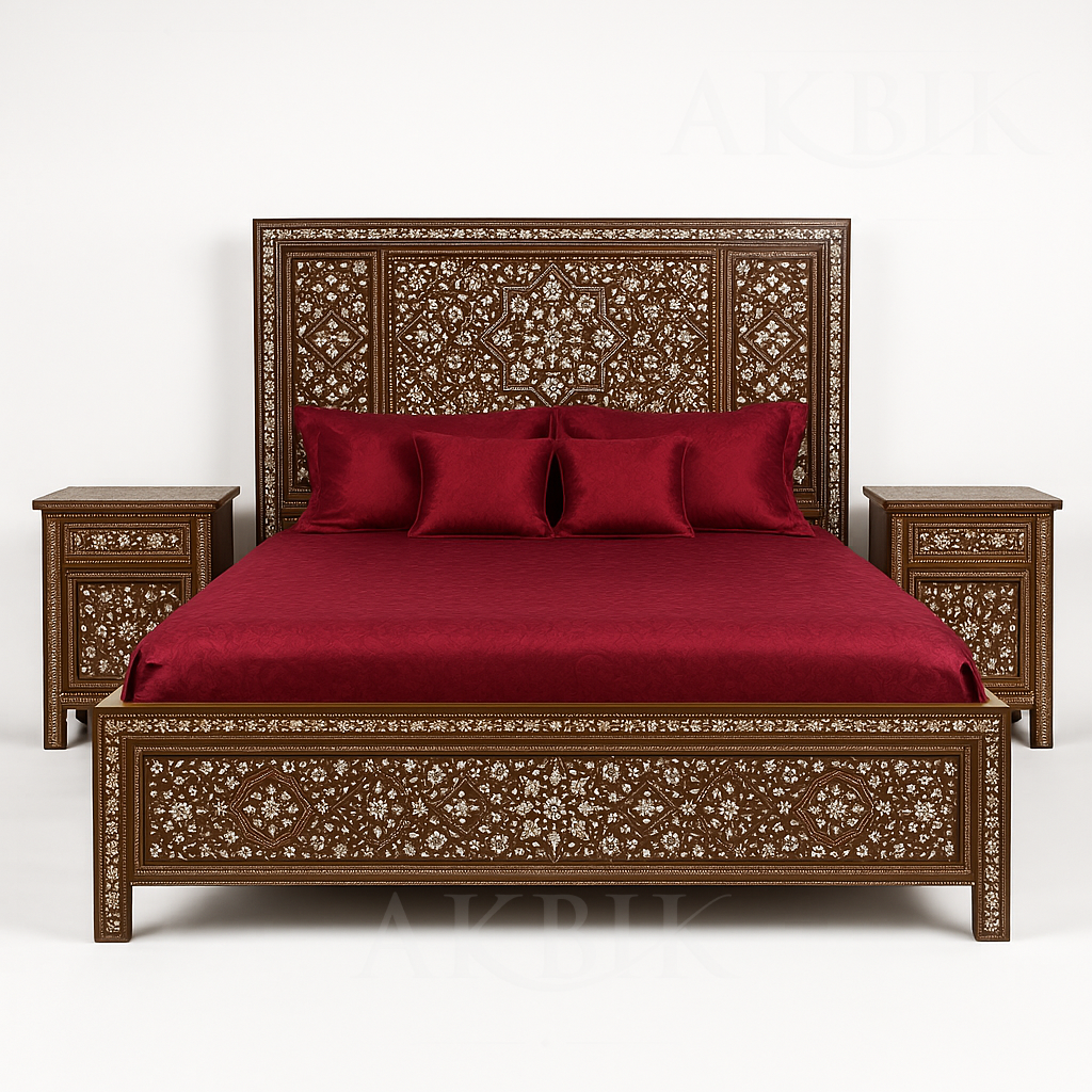 Layalina - Royal Syrian-Inspired Walnut Bed Set with Mother-of-Pearl Inlay – King Size