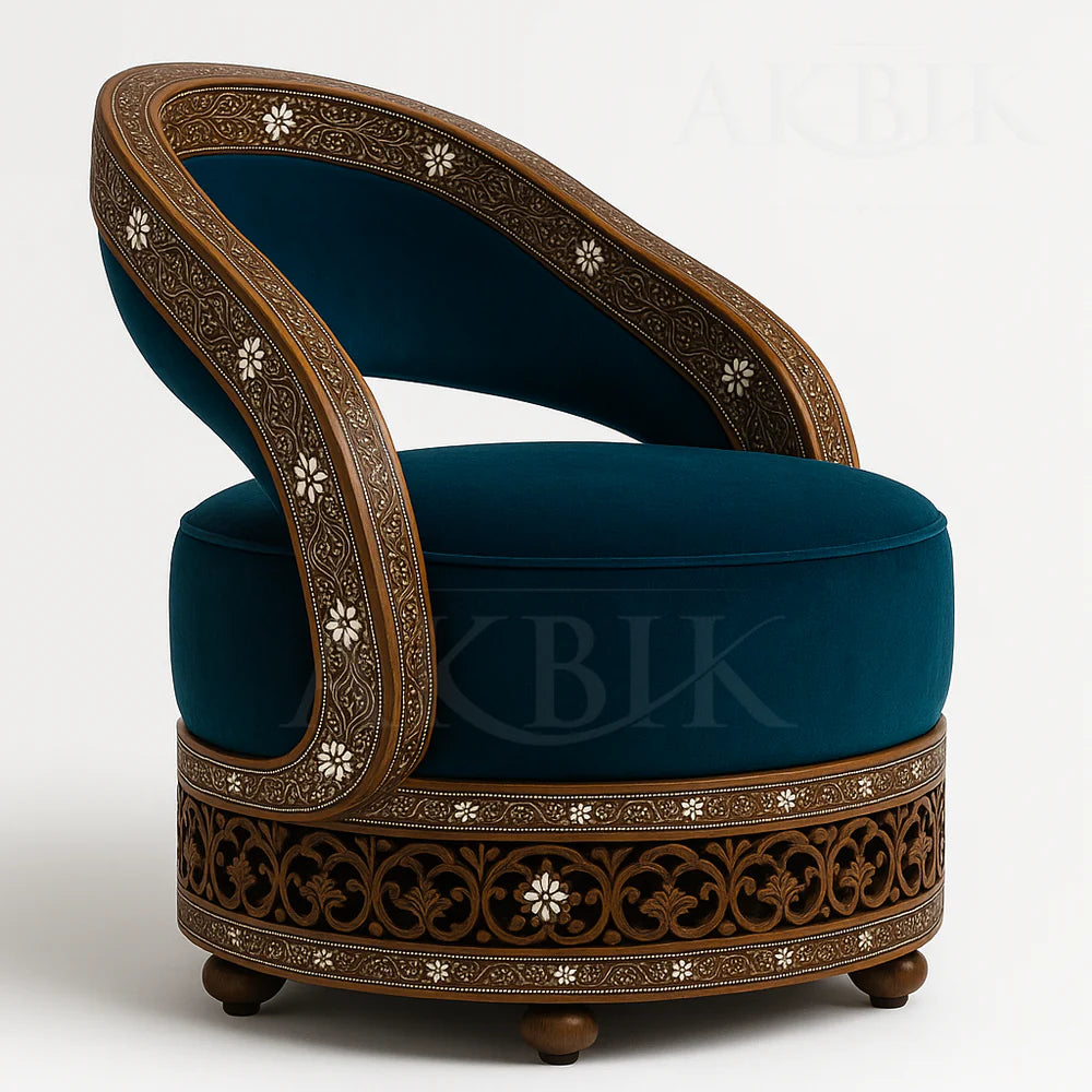Vedra - Custom Modern Armchair with Syrian Inlay & Carved Walnut Frame