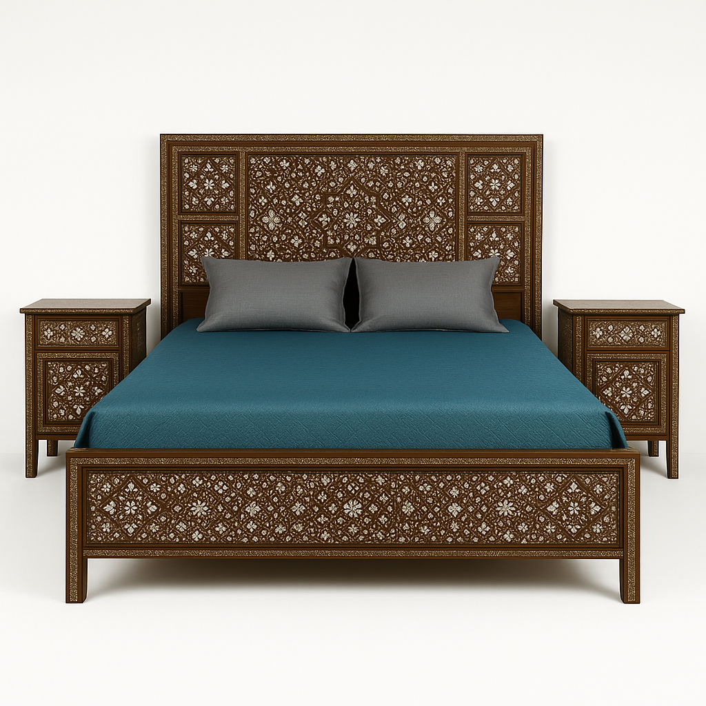 Layalina - Royal Syrian-Inspired Walnut Bed Set with Mother-of-Pearl Inlay – King Size