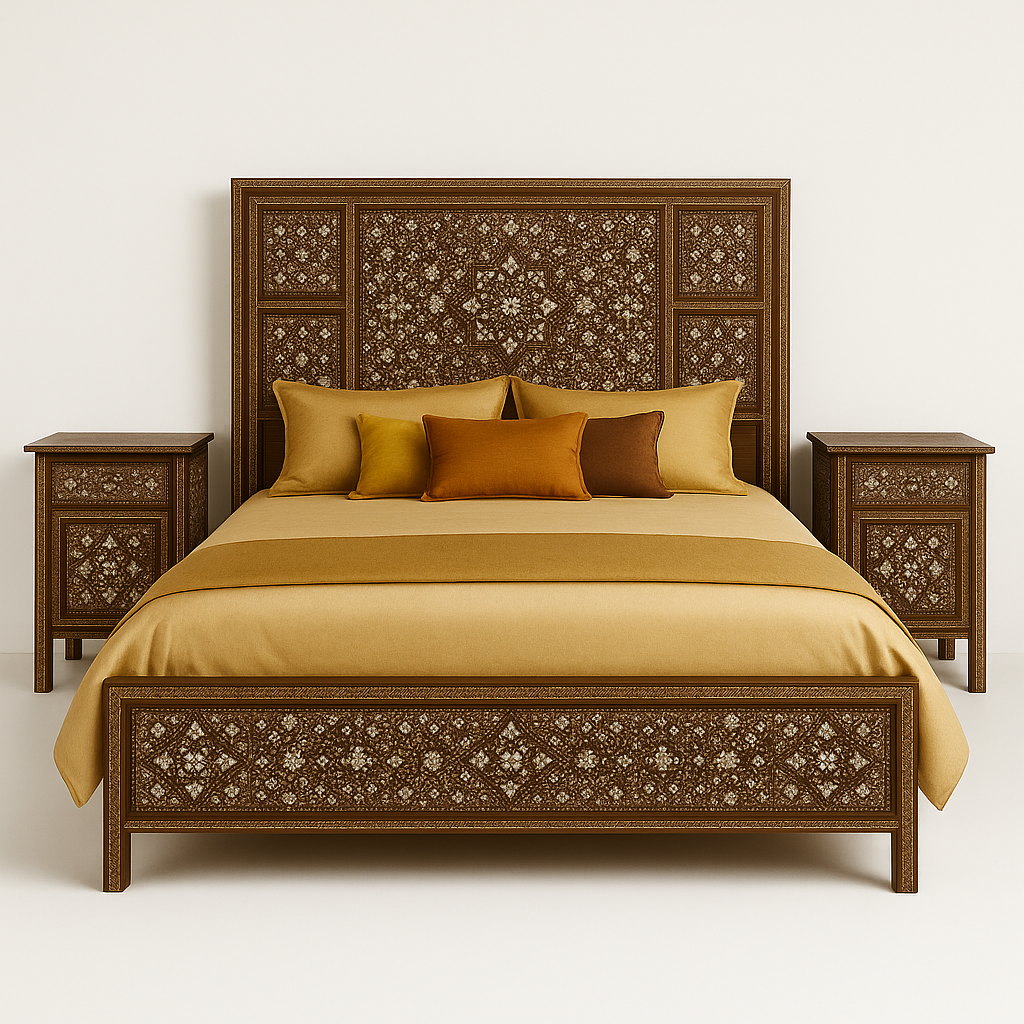 Layalina - Royal Syrian-Inspired Walnut Bed Set with Mother-of-Pearl Inlay – King Size
