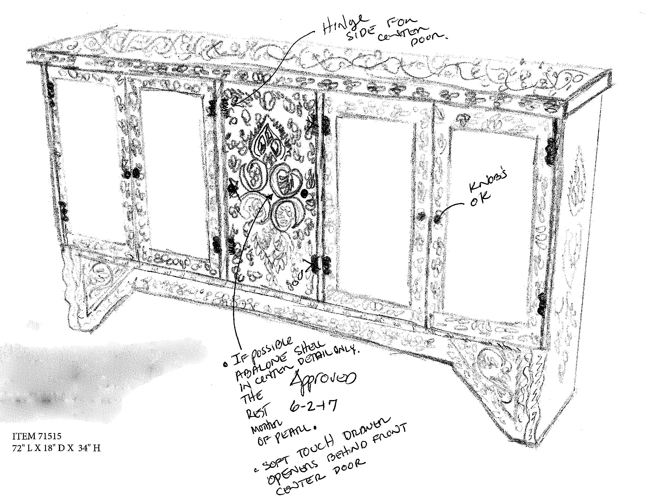 Detailed line drawing of an ornate piece of furniture with annotations.