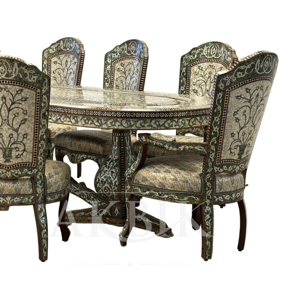 Opulent Damascus Dining Set – Mother-of-Pearl & Abalone Inlaid Table with Silk Brocade Upholstery