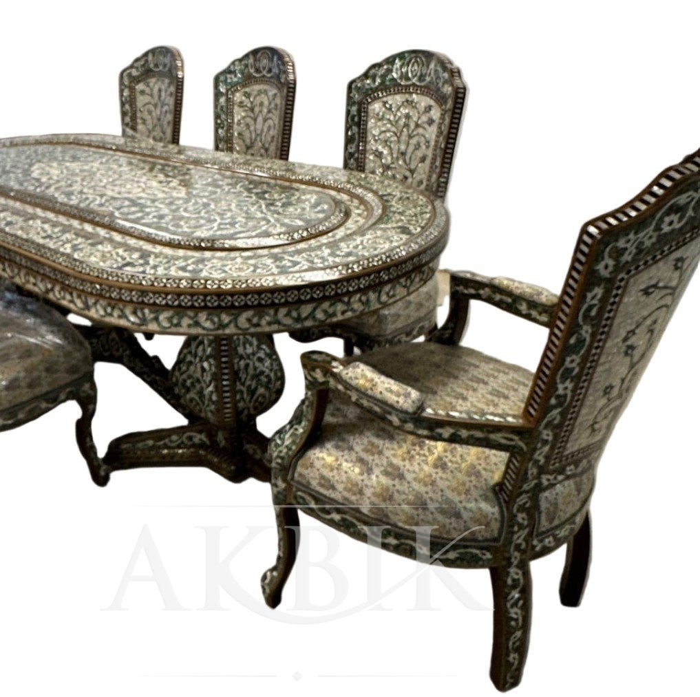 Opulent Damascus Dining Set – Mother-of-Pearl & Abalone Inlaid Table with Silk Brocade Upholstery