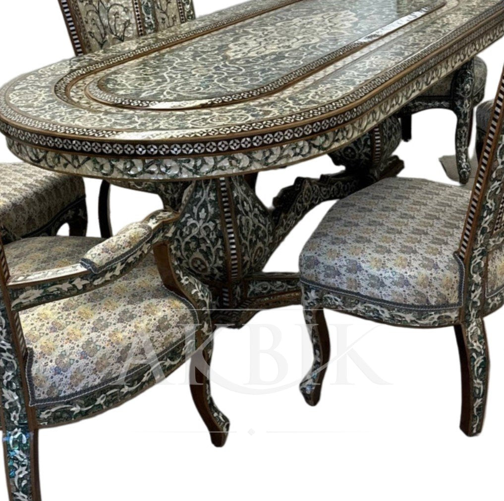 Opulent Damascus Dining Set – Mother-of-Pearl & Abalone Inlaid Table with Silk Brocade Upholstery