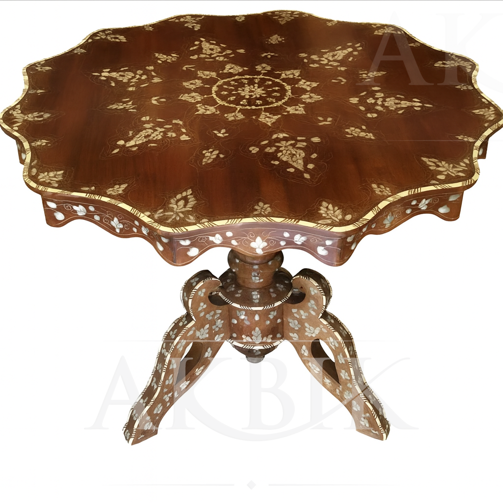 Decorative wooden table with intricate carvings on a white background