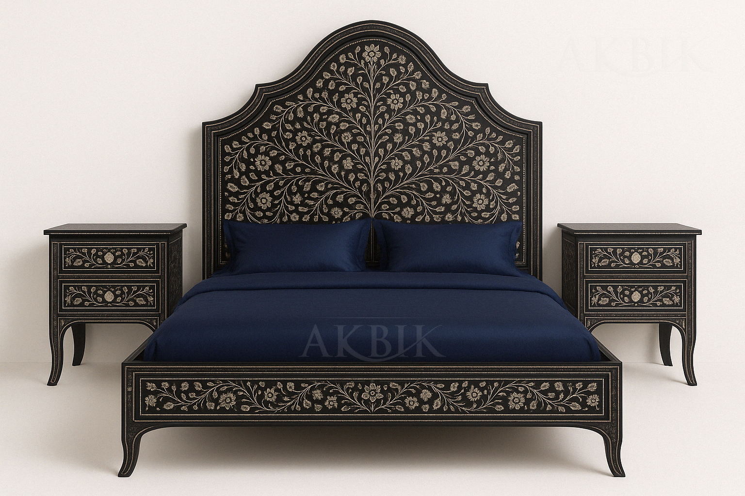 A luxurious handcrafted king-size bed with intricate floral arabesque mother-of-pearl inlay on the headboard and footboard, finished in a satin matte navy lacquer. The image also includes two matching nightstands with a similar design.