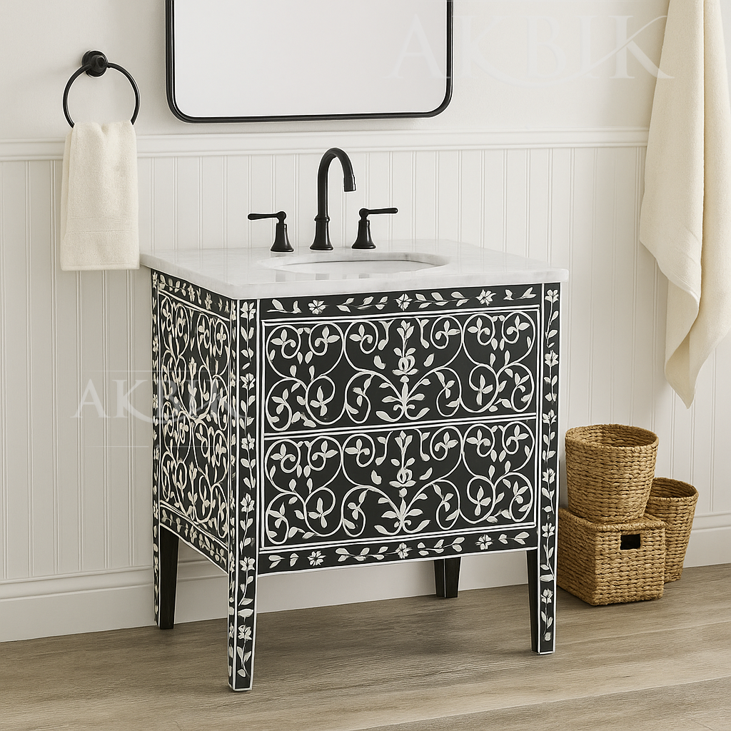 Bathroom vanity with decorative black and white pattern, faucet, and mirror.