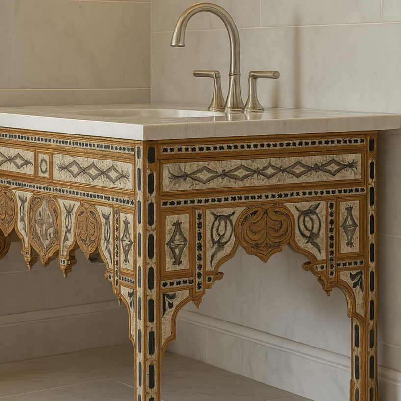 Decorative bathroom vanity with marble countertop and ornate design against a tiled wall.