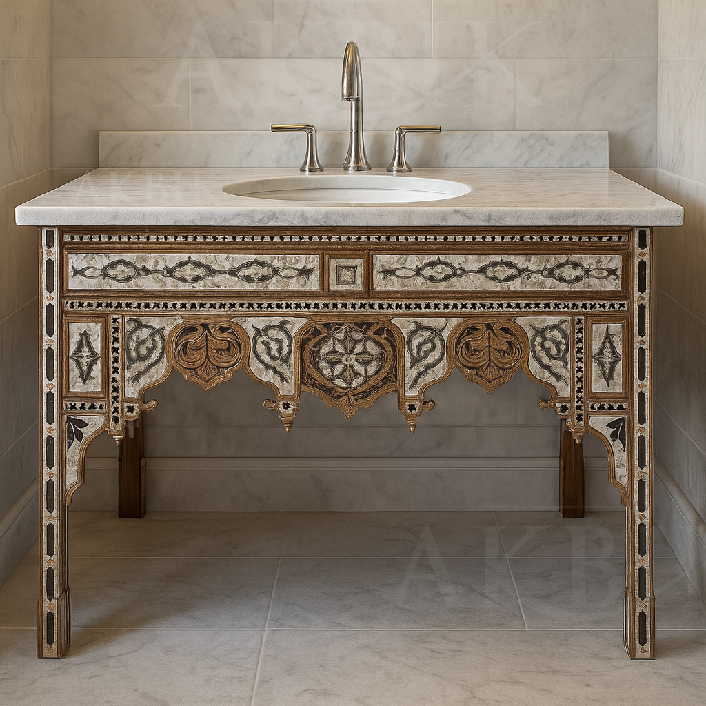 Decorative bathroom vanity with marble countertop and intricate patterns.