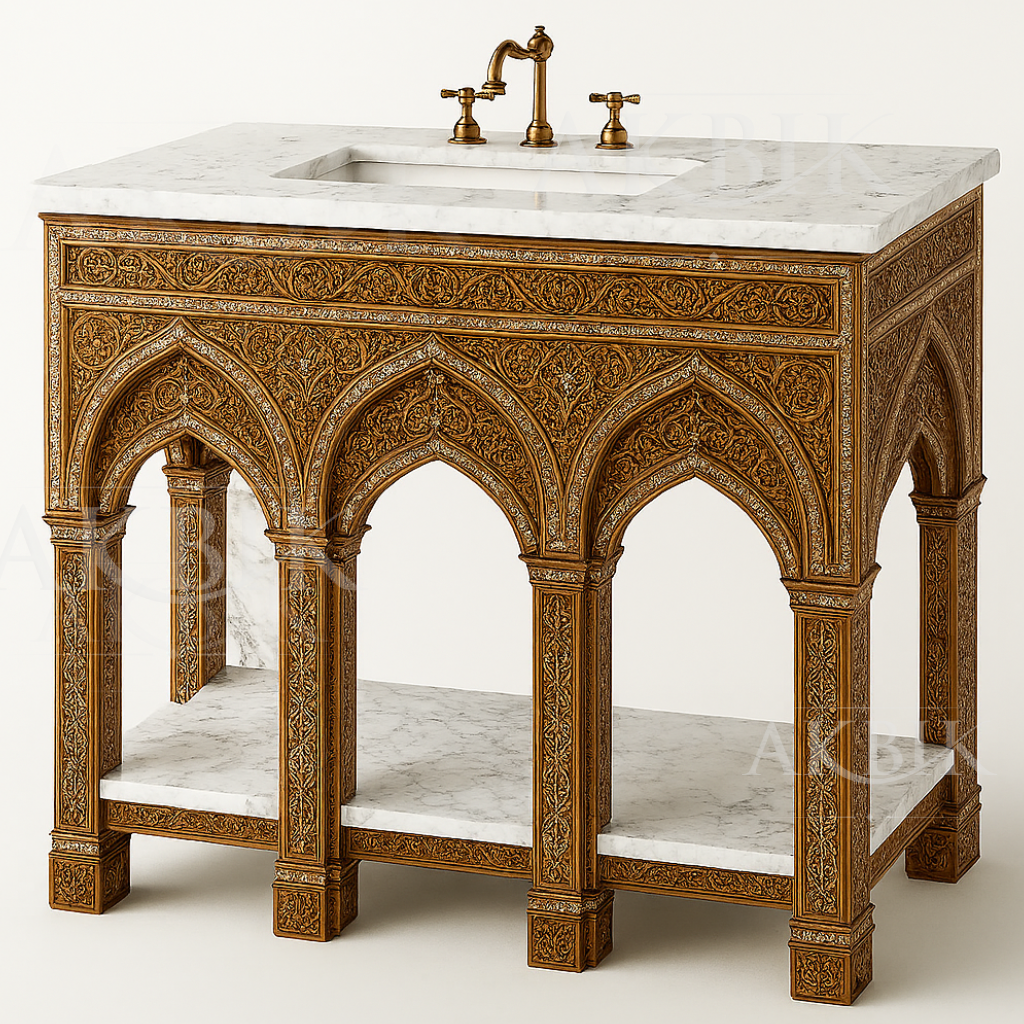 Decorative wooden vanity with marble countertop and sink on a white background