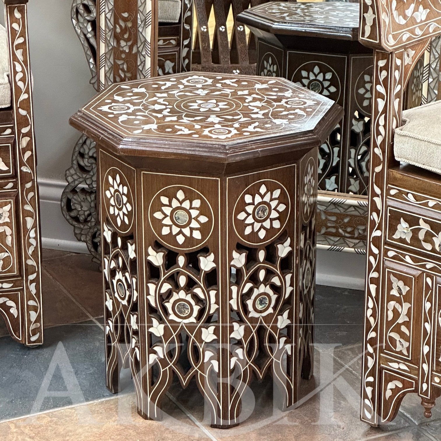 Side table inlaid with mother of pearl and abalone on walnut 