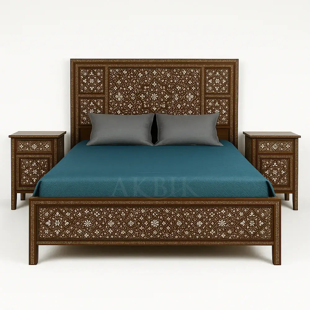 Decorative wooden bed with teal bedding and gray pillows on a white background.