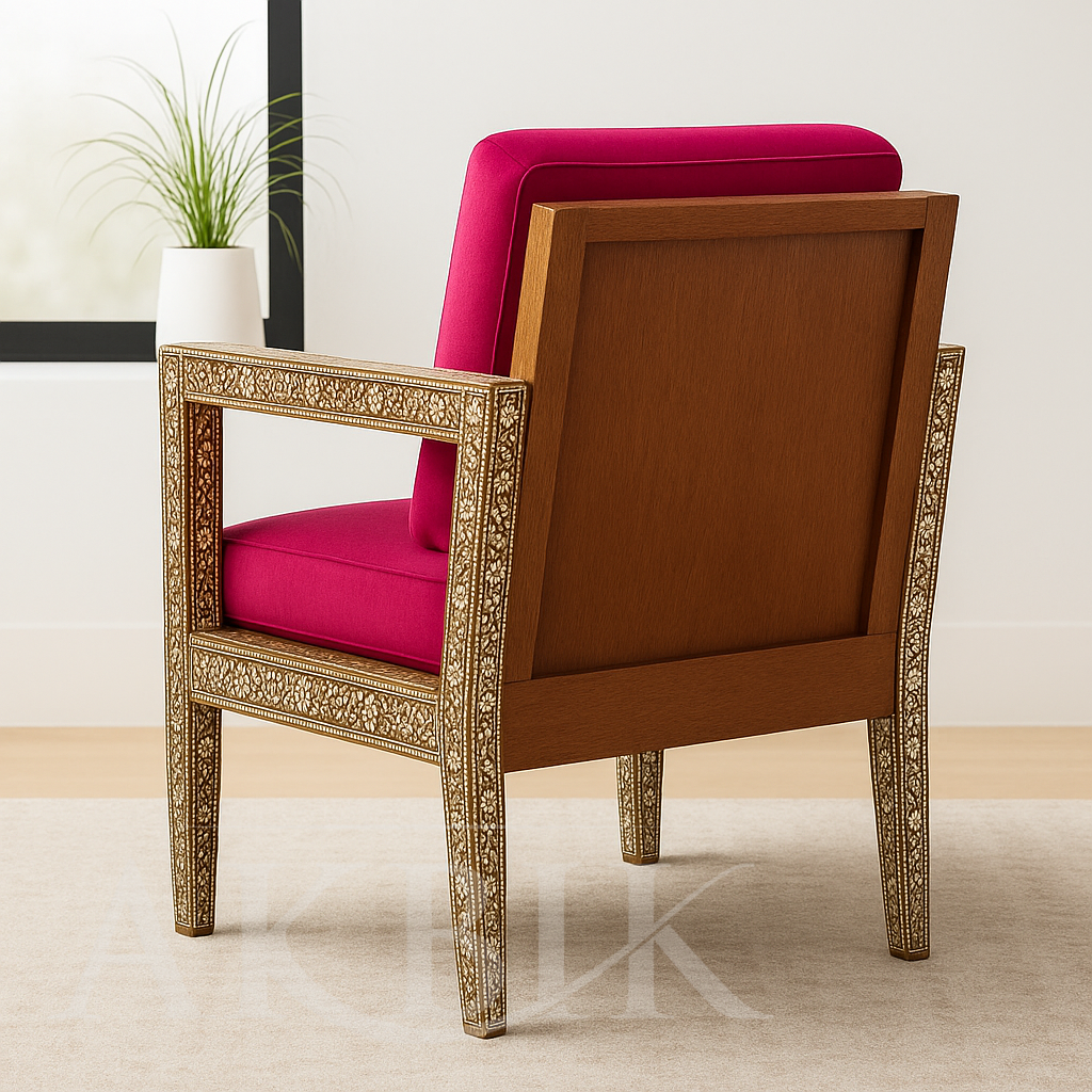 Hand-Carved Inlaid Walnut Armchair – Customizable Back Panel, Full or Partial Inlay Options, Bespoke Upholstery