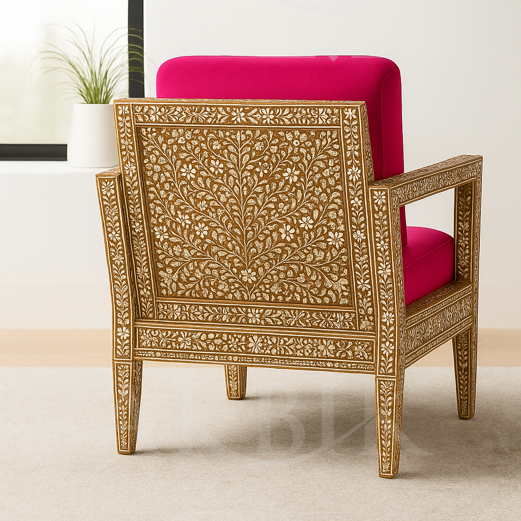 Hand-Carved Inlaid Walnut Armchair – Customizable Back Panel, Full or Partial Inlay Options, Bespoke Upholstery