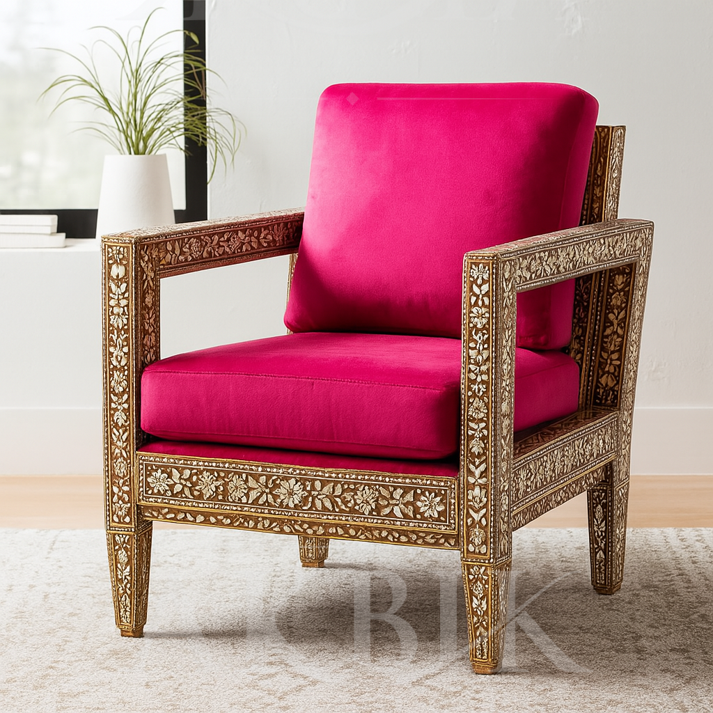 Hand-Carved Inlaid Walnut Armchair – Customizable Back Panel, Full or Partial Inlay Options, Bespoke Upholstery