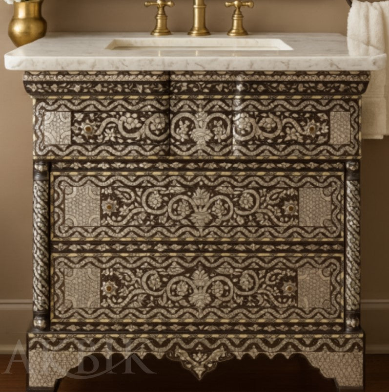 Decorative bathroom vanity with intricate patterns and gold fixtures against a beige wall.

Details