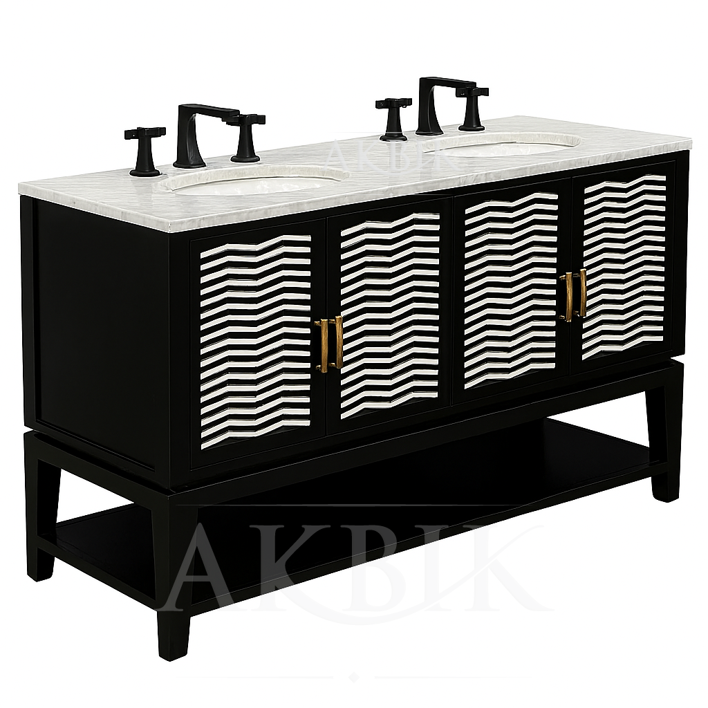 Black bathroom vanity with marble countertop and black faucets - Inlaid with cehvron design by7 Akbik Furniture & Design 