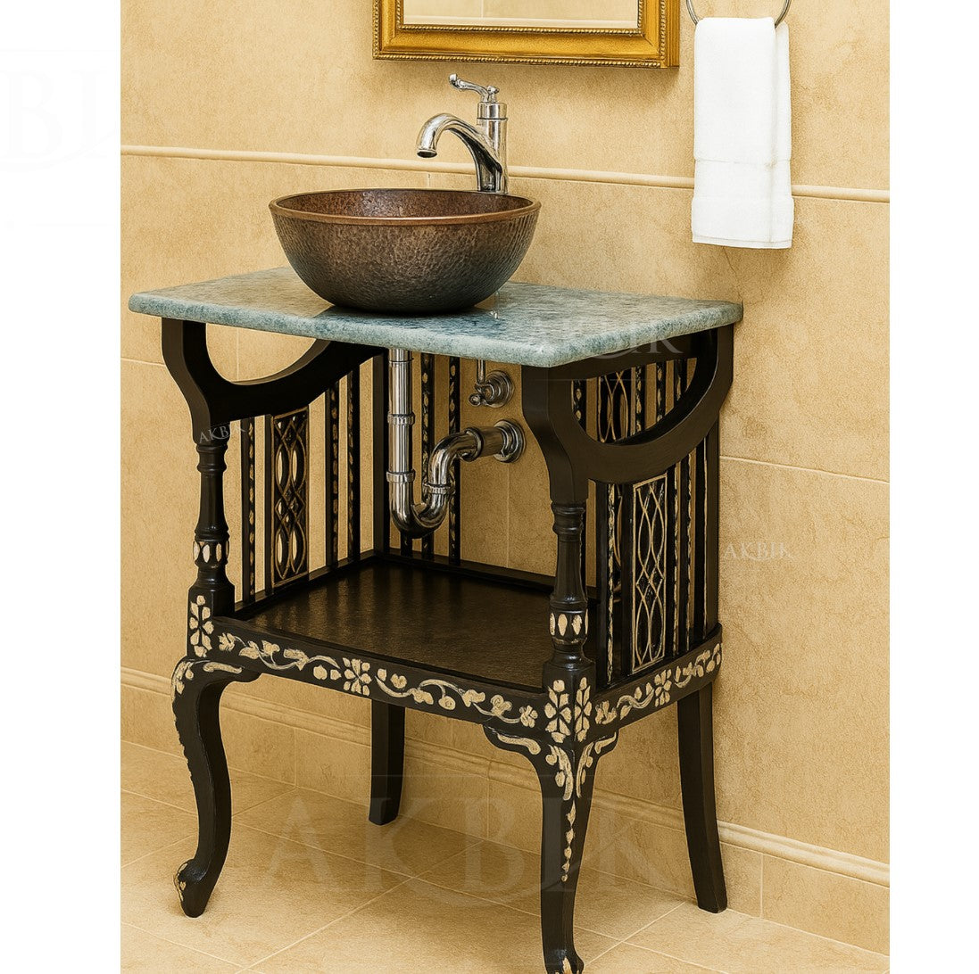 Bathroom vanity with decorative stand and bowl sink against beige tiled wall