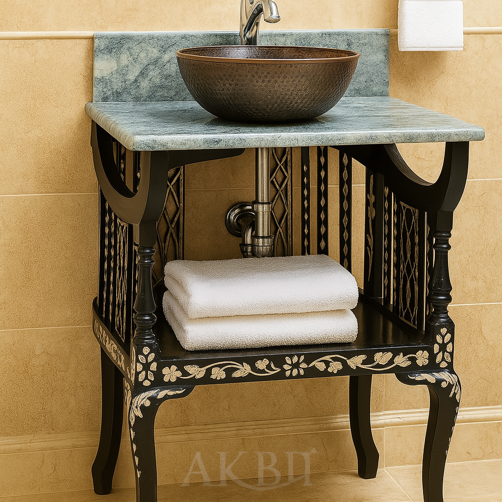 Bathroom vanity with marble top, bronze sink, and towels on a beige tiled wall background