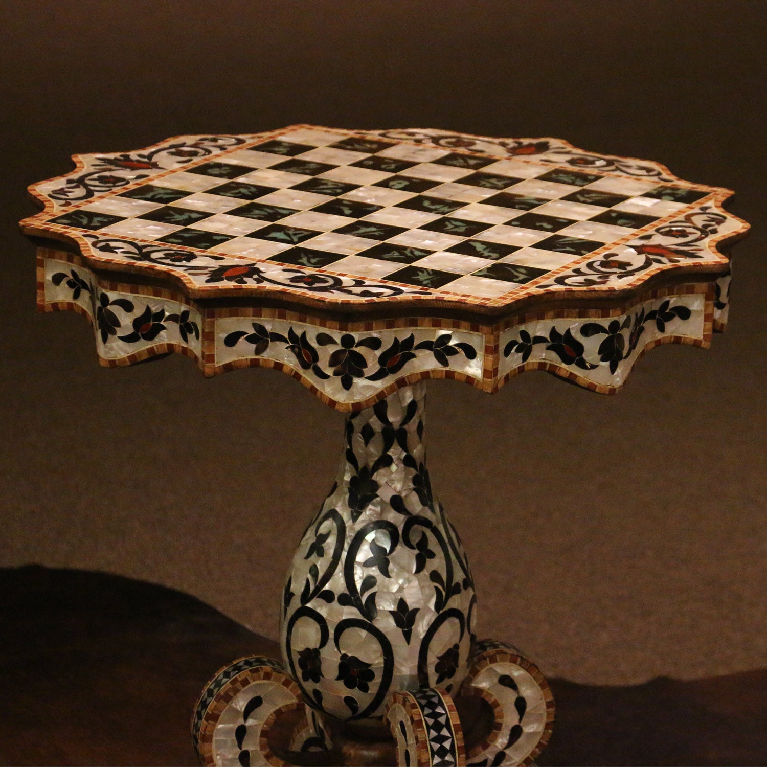 Spirited Chess Side Table with Exotic Wood and Mother-of-Pearl Inlay