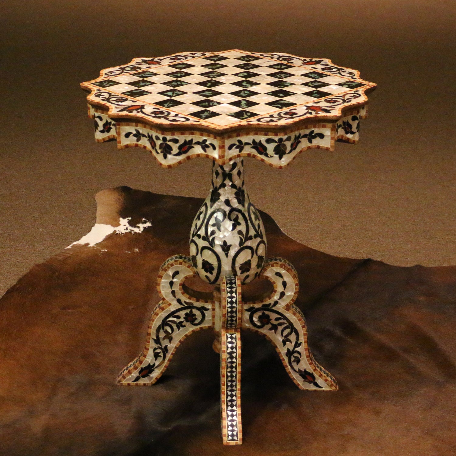 Spirited Chess Side Table with Exotic Wood and Mother-of-Pearl Inlay