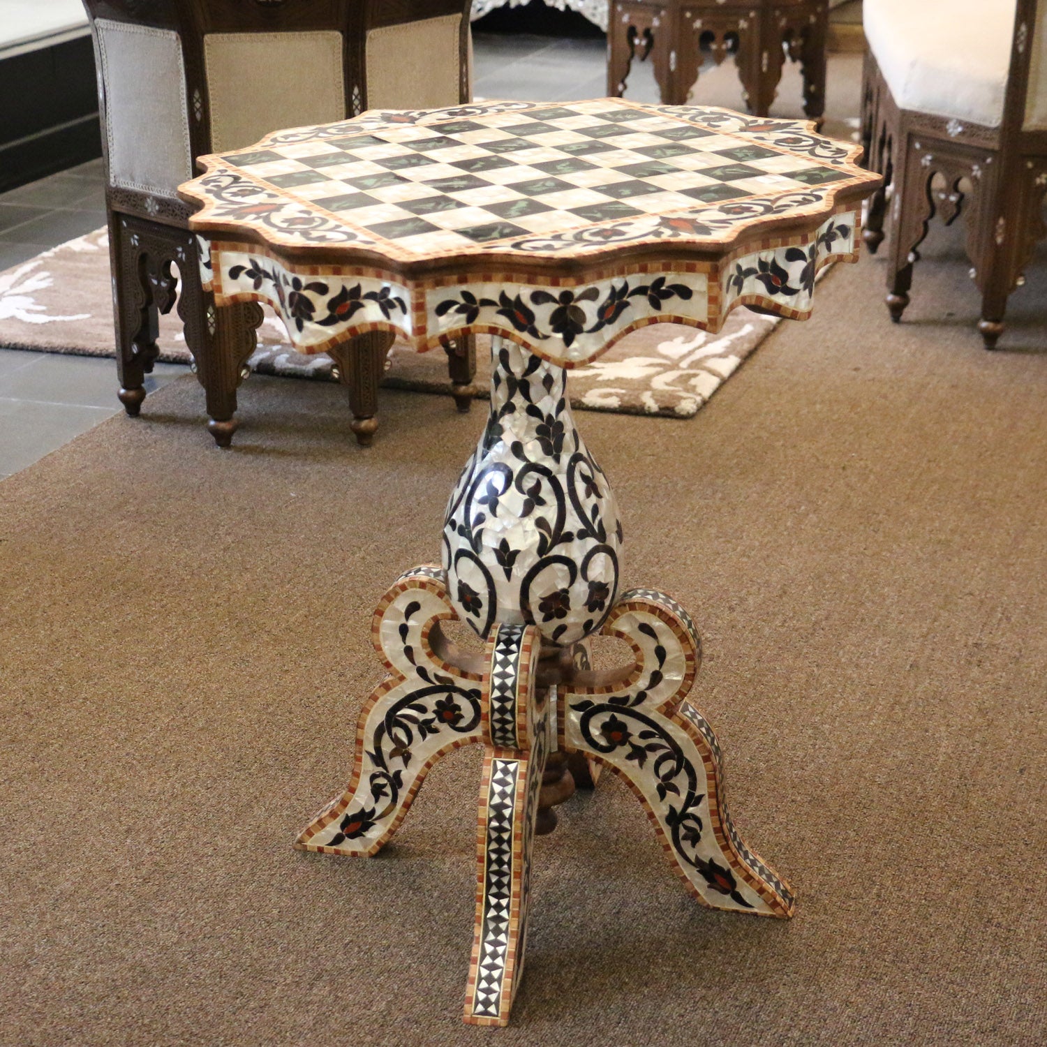 Spirited Chess Side Table with Exotic Wood and Mother-of-Pearl Inlay